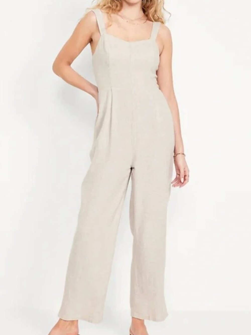 Old Navy Fit & Flare Linen-Blend Jumpsuit in Natural Linen, Size M